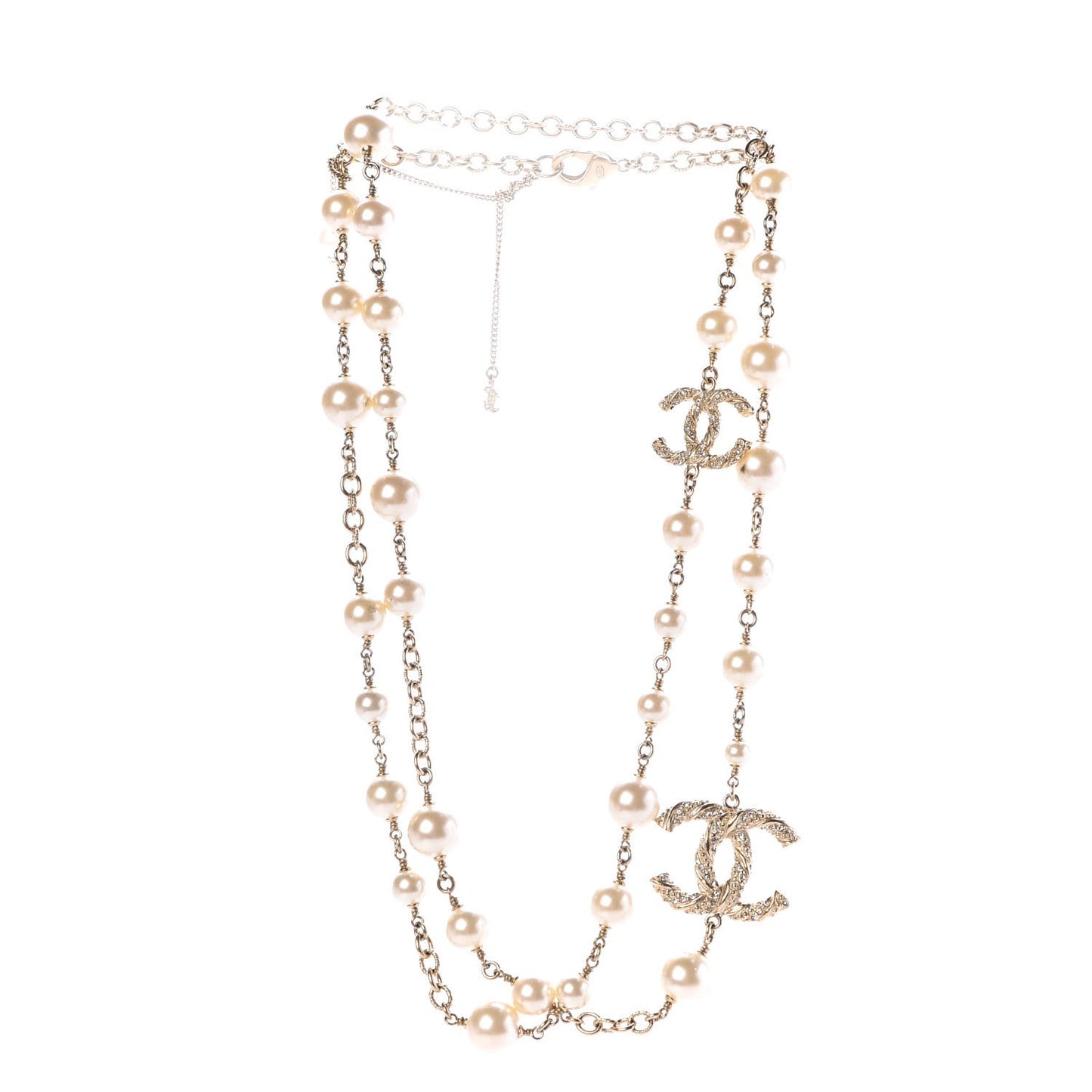 Graduated Pearl Crystal Twisted CC Long Necklace Gold