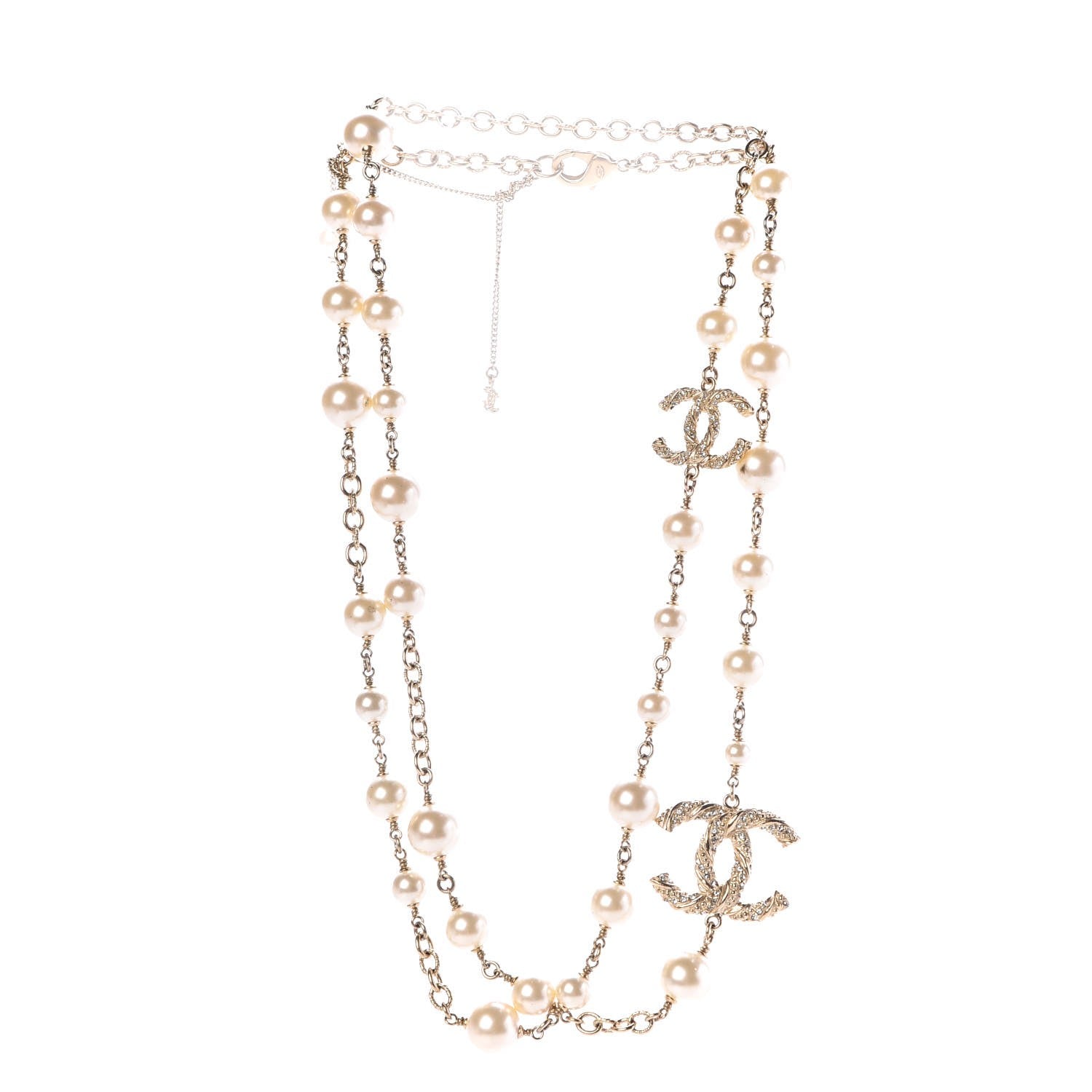 Chanel Graduated Pearl Crystal Twisted CC Long Necklace Gold 3 of 4