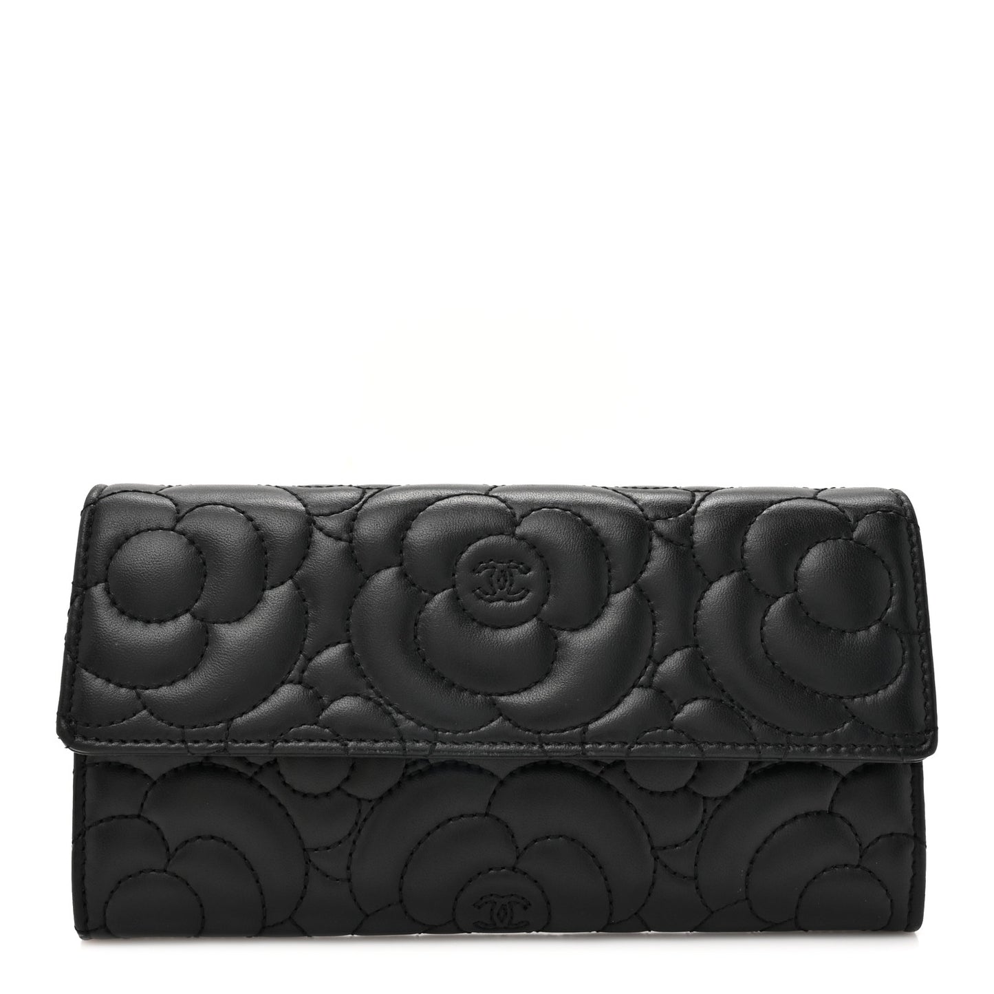 Lambskin Embossed Camellia Flap Wallet Black