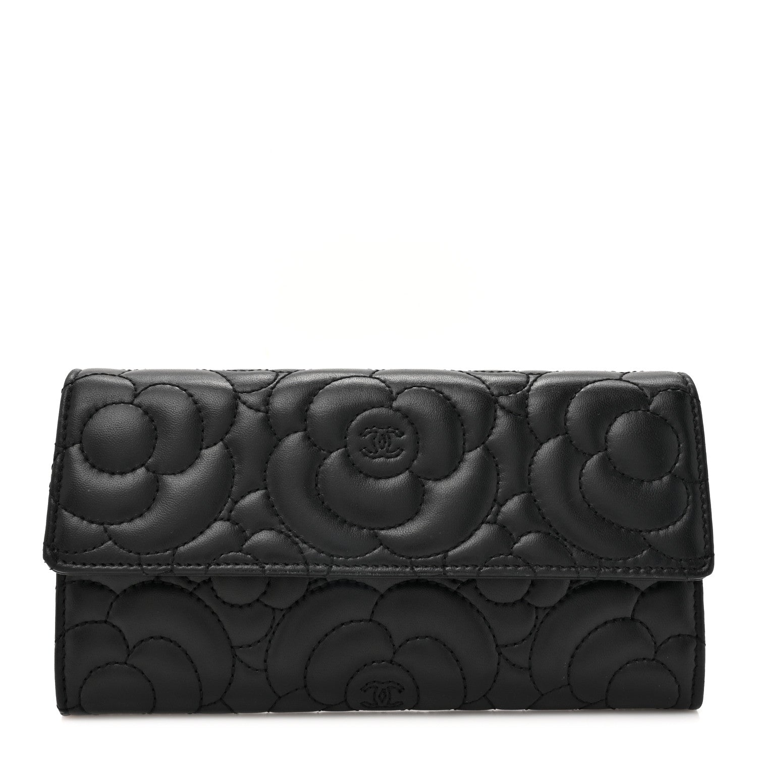 Chanel Lambskin Embossed Camellia Flap Wallet Black 1 of 12