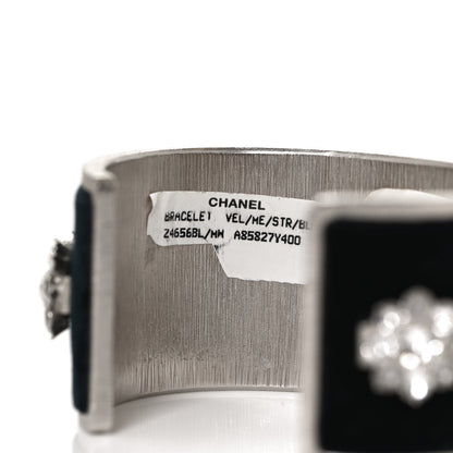 Chanel Metal Velvet Crystal CC Flower Cuff Bracelet Silver Black 4 of 6