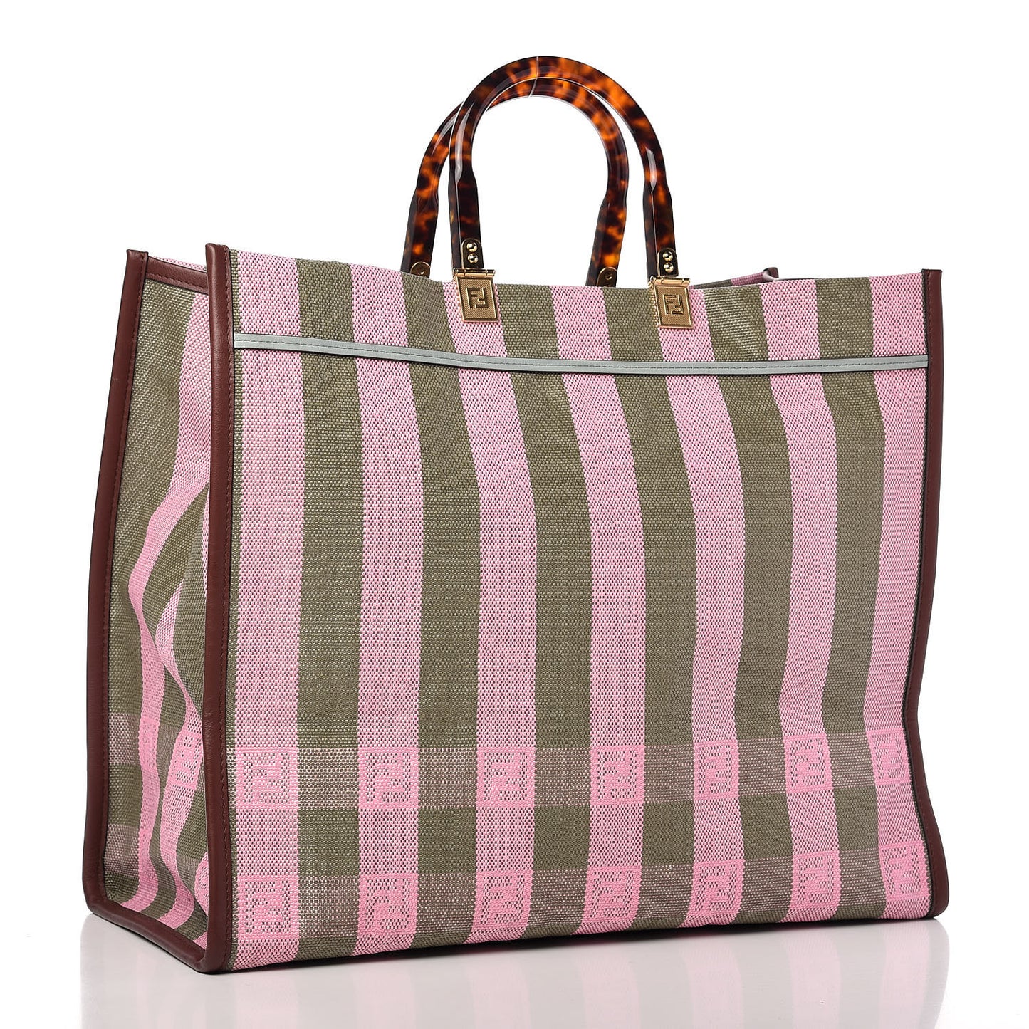 Raffia Vitello Seta Plexiglass Pequin Gingham Woven Large Fendi Sunshine Shopper Tote Military Rosa