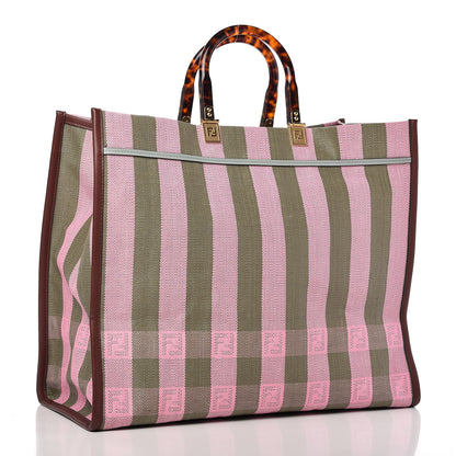 Fendi Raffia Vitello Seta Plexiglass Pequin Gingham Woven Large Fendi Sunshine Shopper Tote Military Rosa 3 of 10