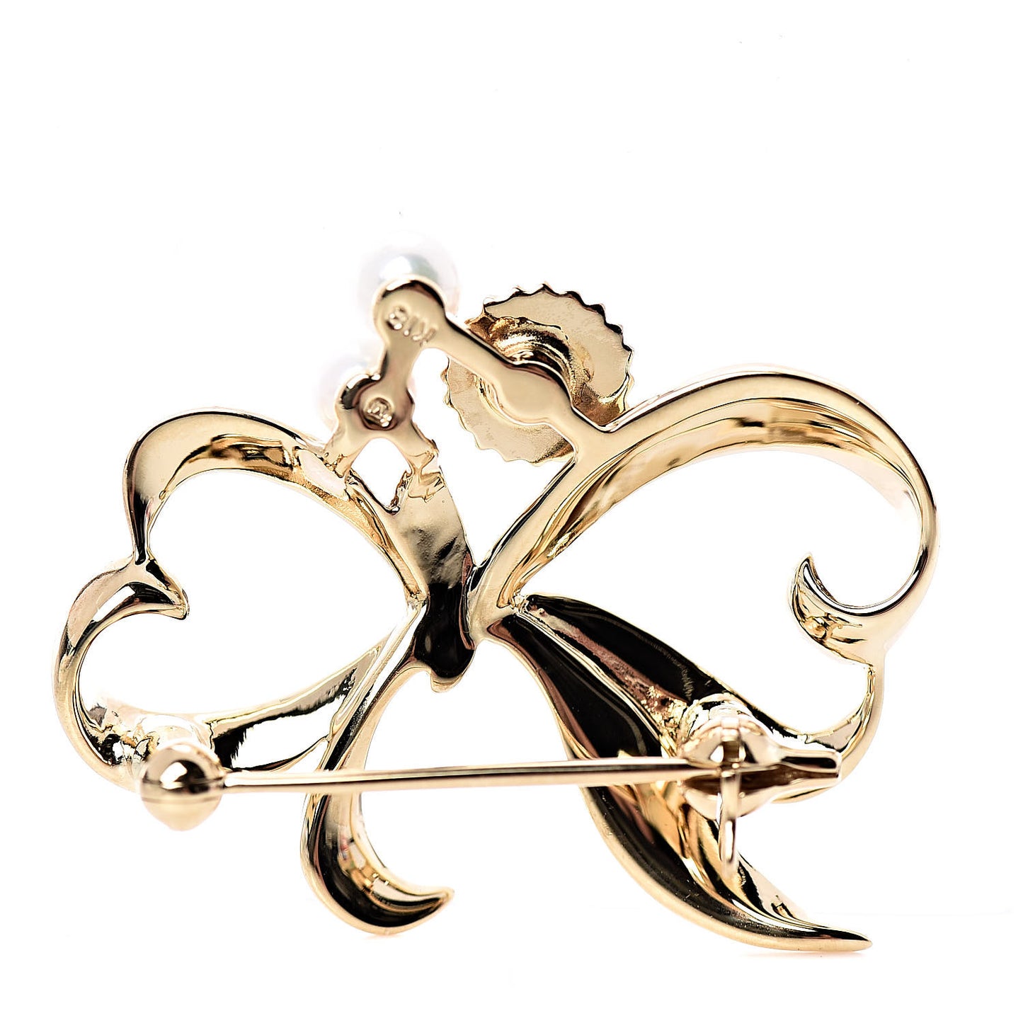 18K Yellow Gold Akoya Pearl 3.5-4mm Heart Ribbon Brooch