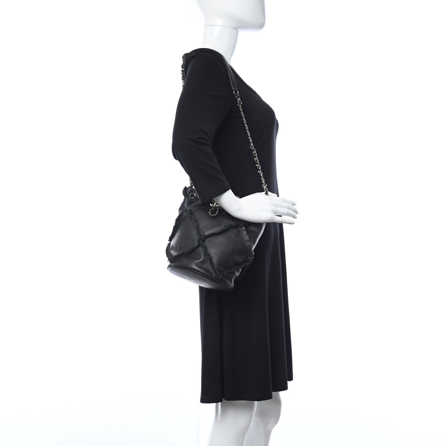 Lambskin Quilted Fringe CC Chain Bucket Drawstring Bag Black