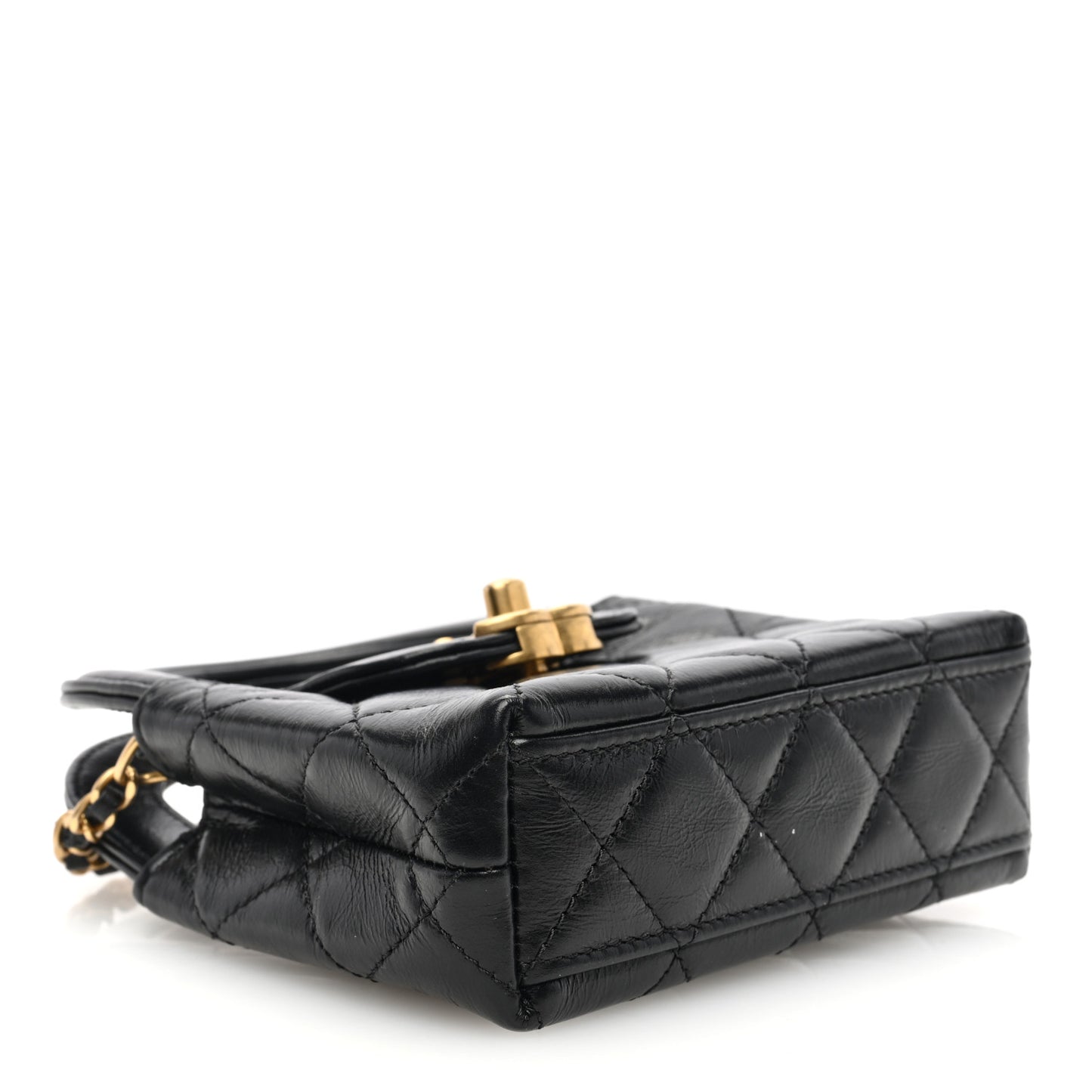 Shiny Aged Calfskin Quilted Mini Nano Kelly Shopper Black
