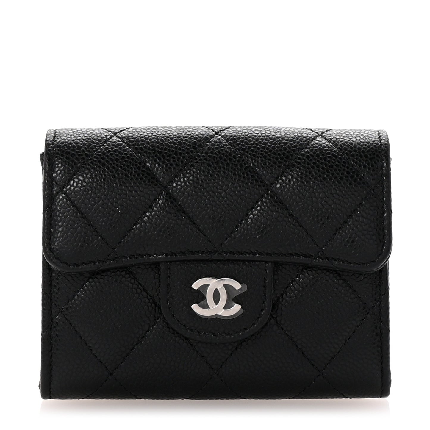 Caviar Quilted Flap Card Holder Wallet Black