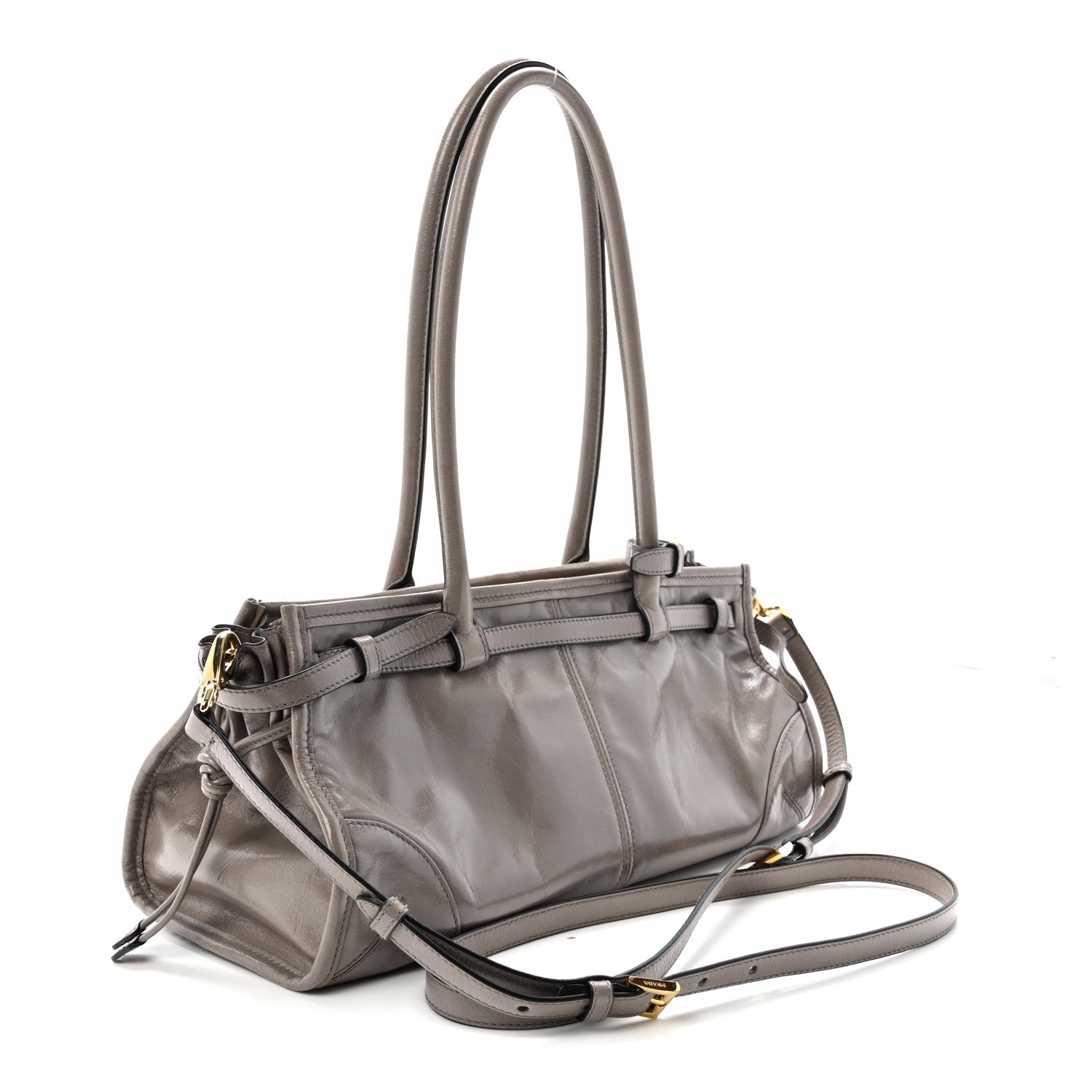 Prada Glossy Calfskin Triangle Medium Bonnie Shoulder Bag Peltro 3 of 9
