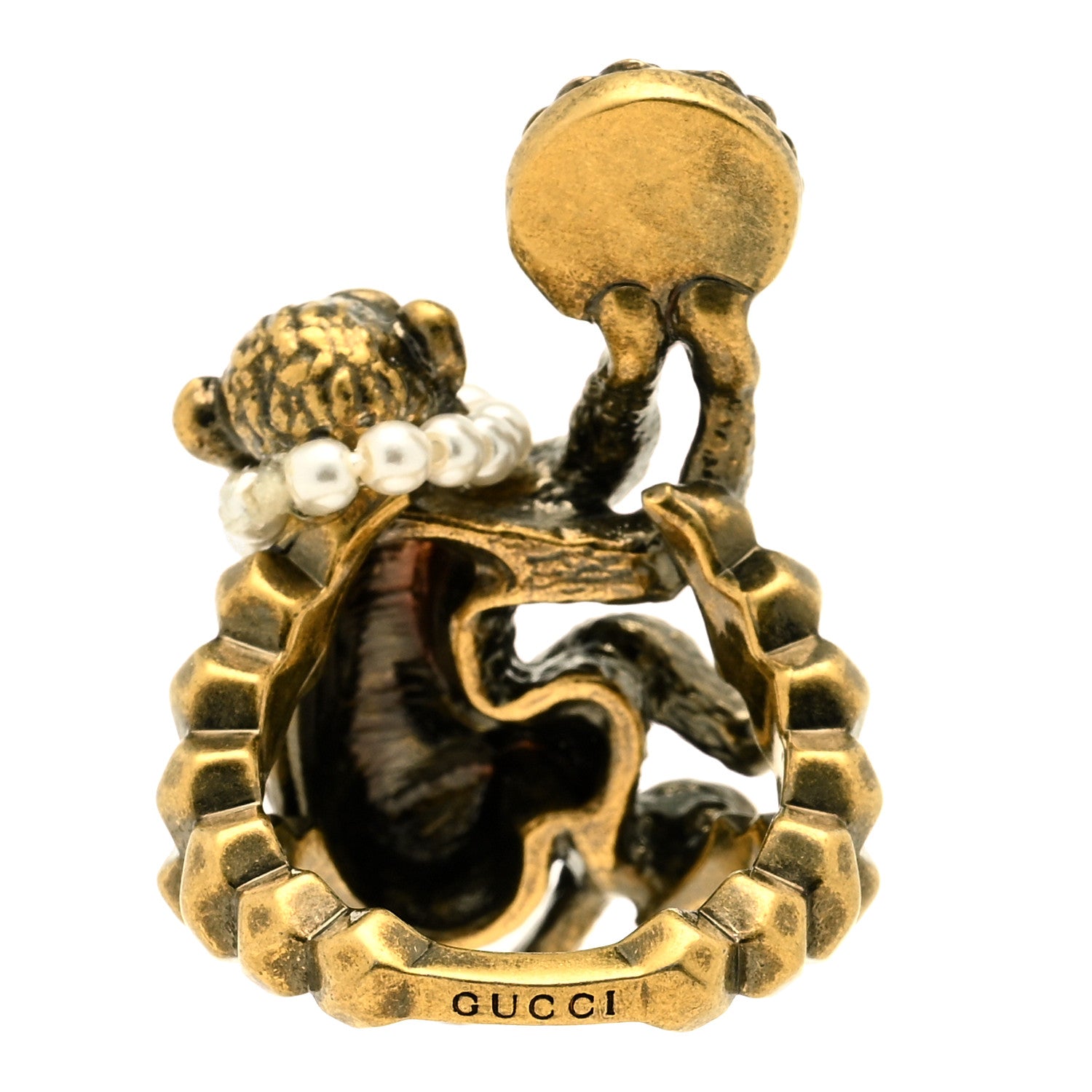 Gucci Metal Pearl Monkey Ring 50 5.25 Aged Gold 3 of 4