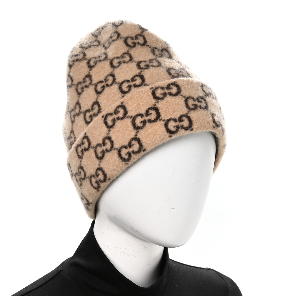 Gucci Wool GG Monogram Fog Tricot Beanie Hat M Beige Dark Brown 2 of 5
