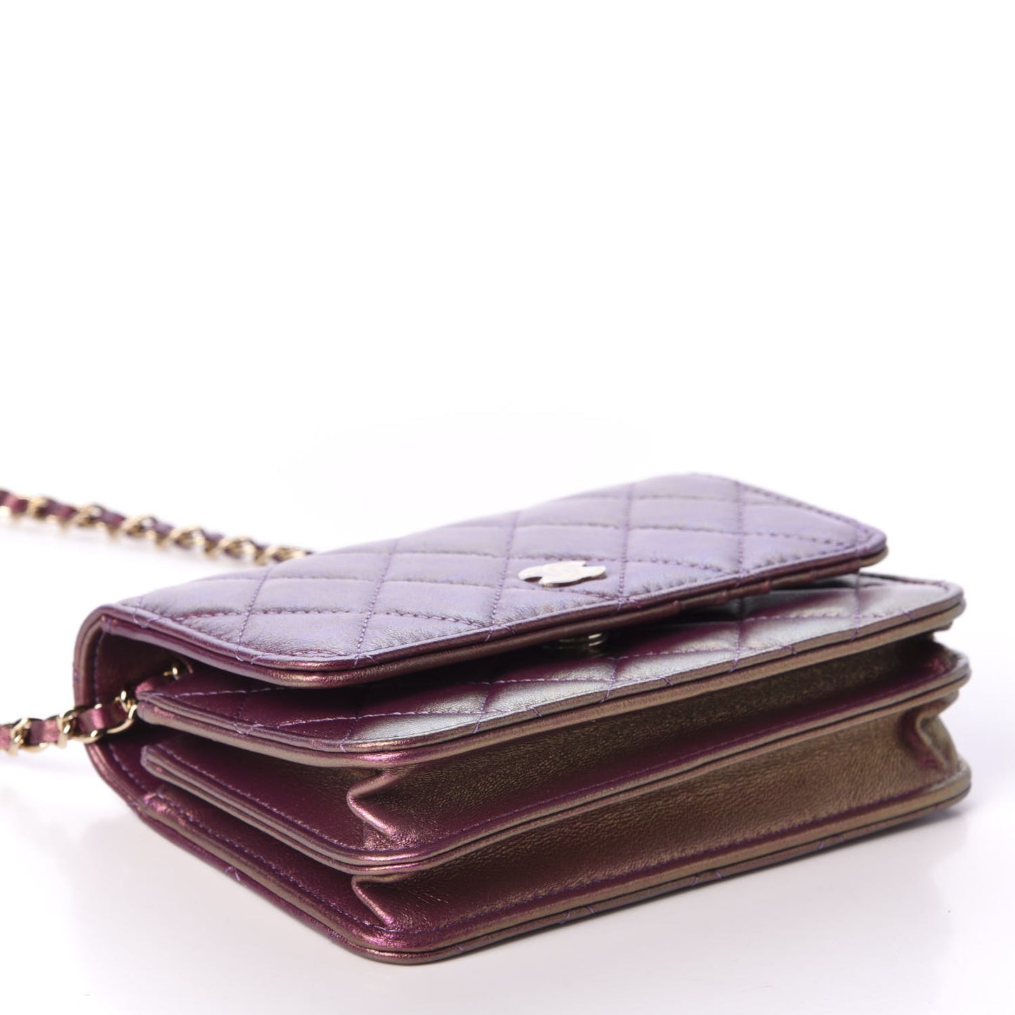 Iridescent Lambskin Quilted Mini Wallet On Chain WOC Purple