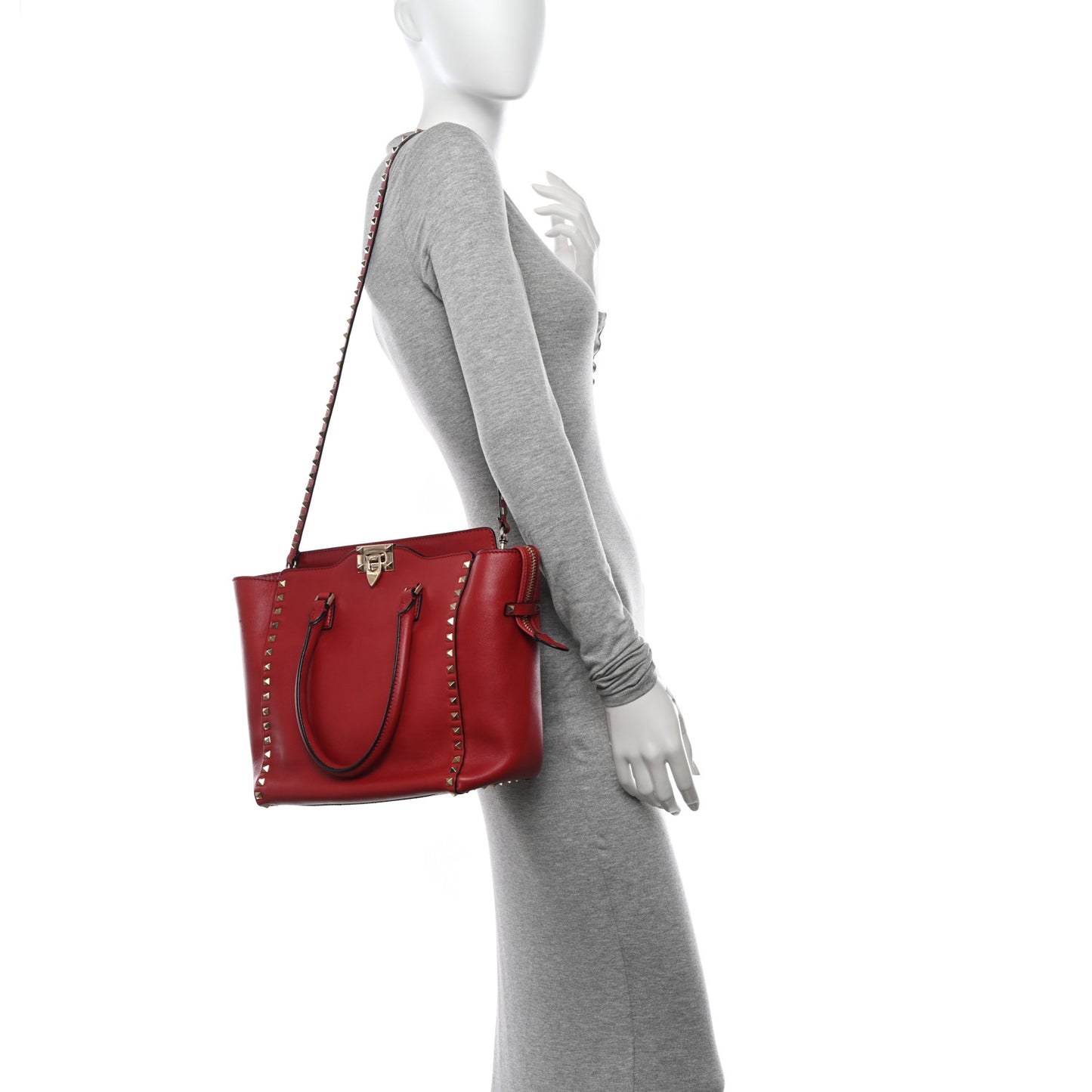 Vitello Rockstud Double Handle Tote Red