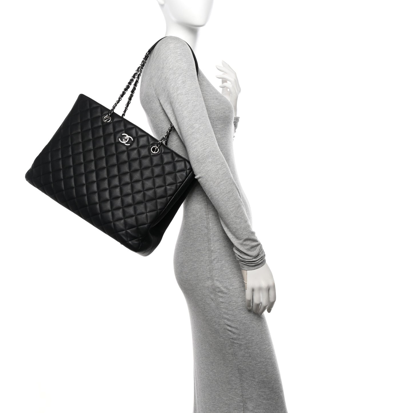 Calfskin Quilted Large Classic Shopping Tote Black
