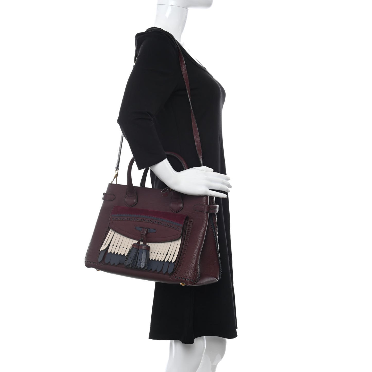 Grainy Calfskin Perforated Medium Broguing Tassel Banner Tote Mahogany Red