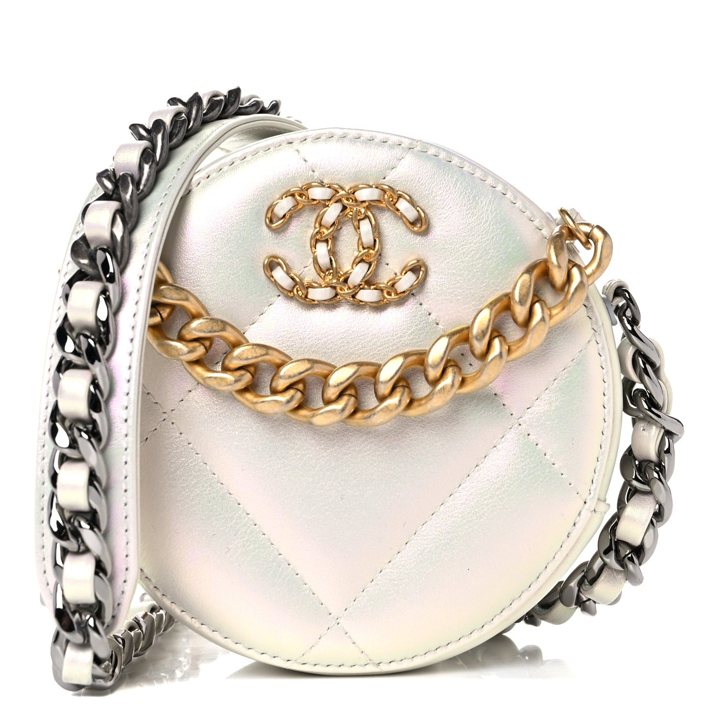 Iridescent Calfskin Quilted Chanel 19 Round Clutch With Chain White