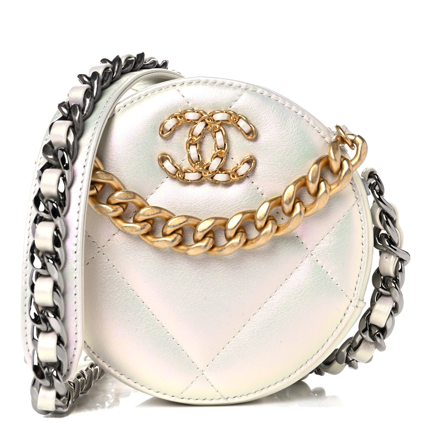 Chanel Iridescent Calfskin Quilted Chanel 19 Round Clutch With Chain White 1 of 10