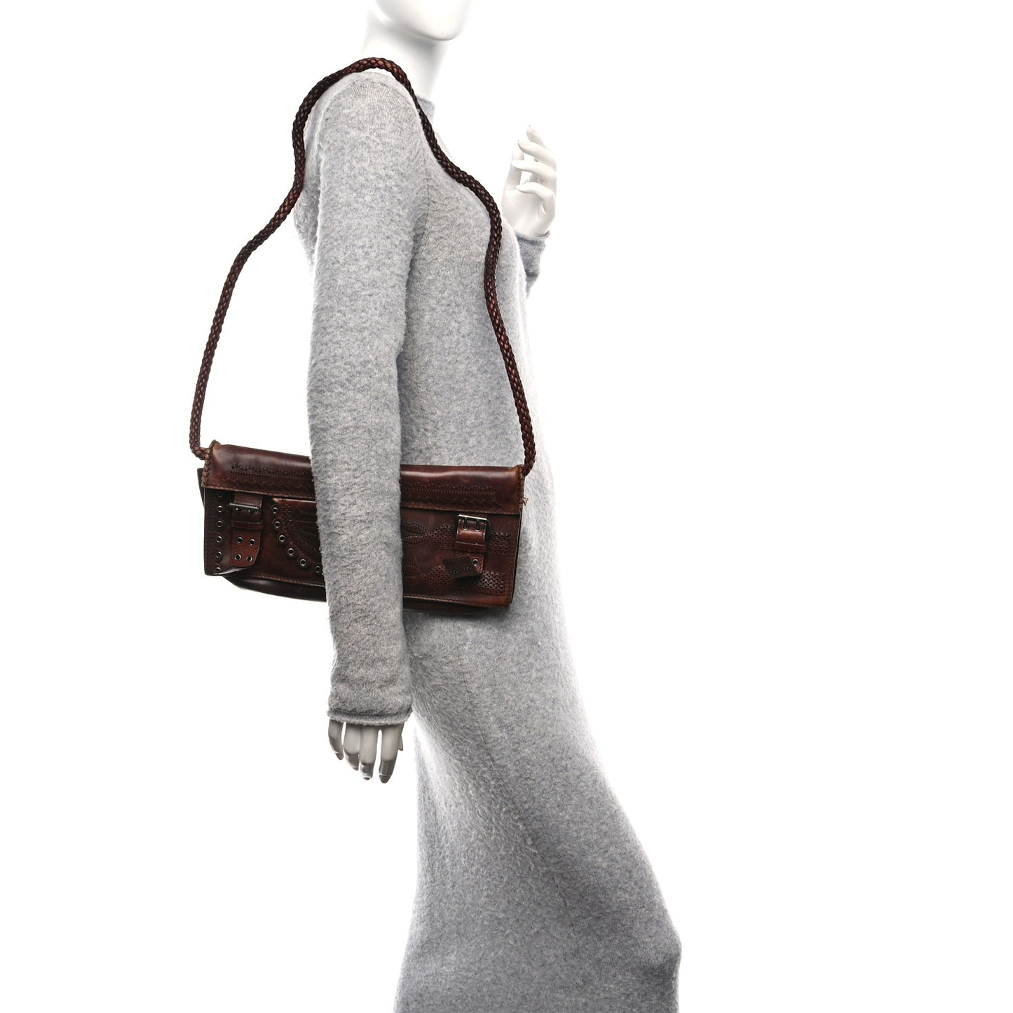 Calfskin Woven Grommet Shoulder Bag Brown