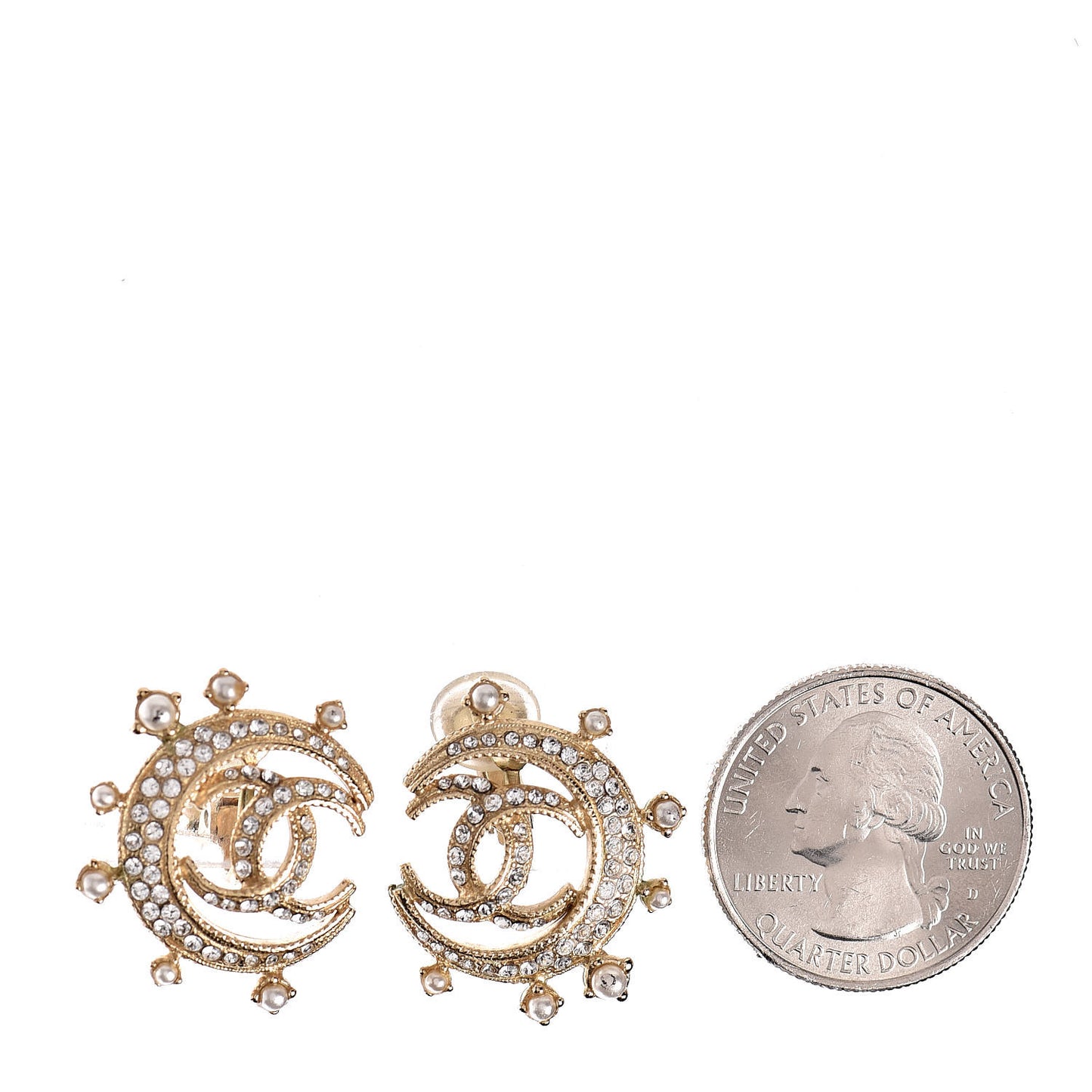 Crystal Pearl CC Crescent Moon Clip On Earrings Gold