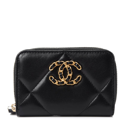 Chanel Lambskin Quilted Chanel 19 Zip Around Coin Purse Wallet Black 1 of 8