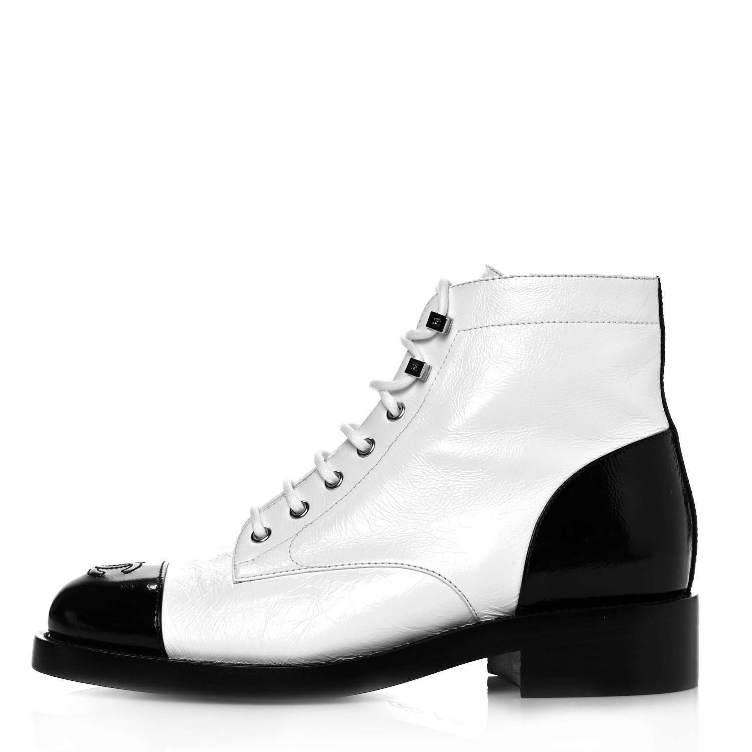Chanel Distressed Patent Cap Toe Combat Boots 39.5 White Black 1 of 8