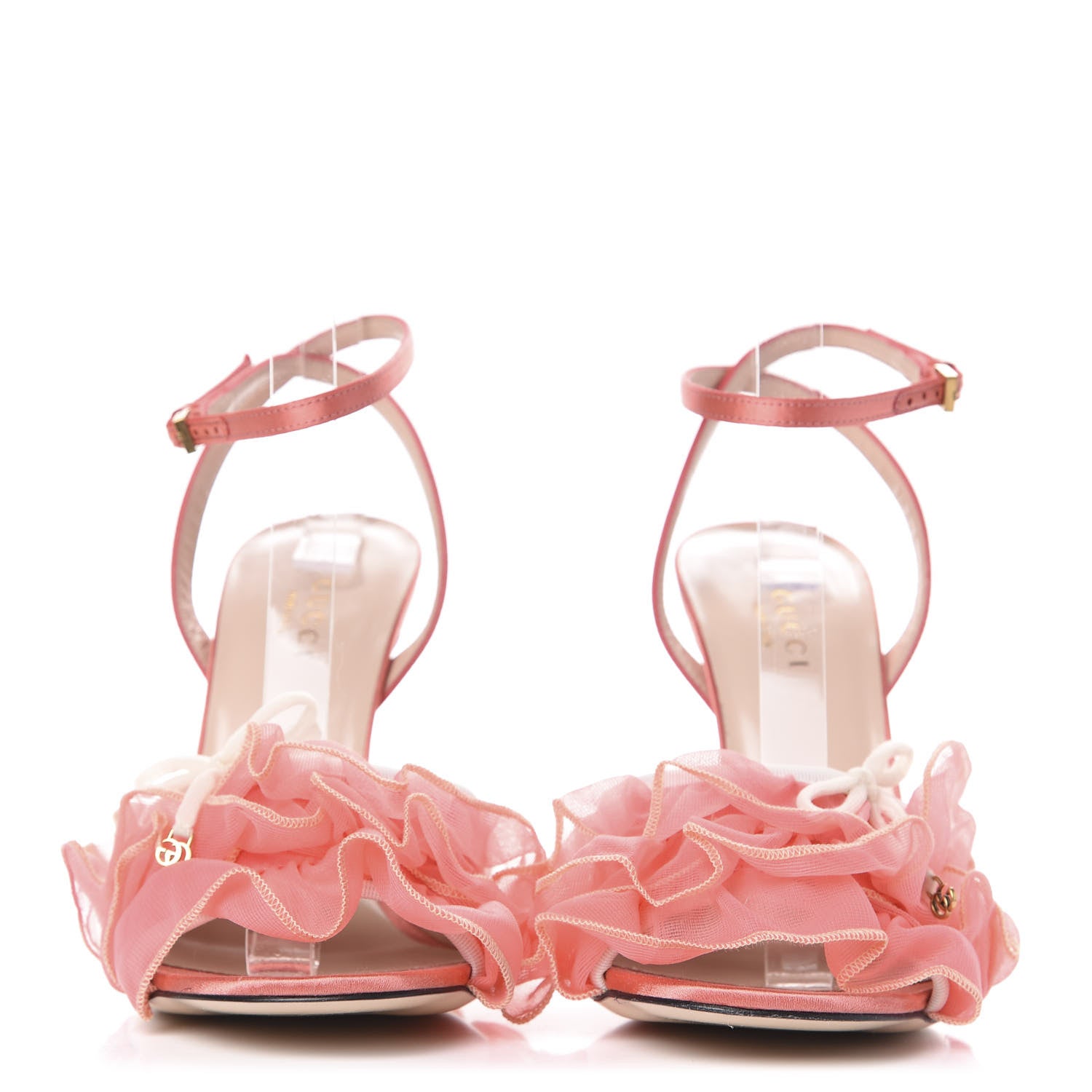 Gucci Tulle Ruffle High Heel Slingback Sandals 35 Peach White 2 of 9