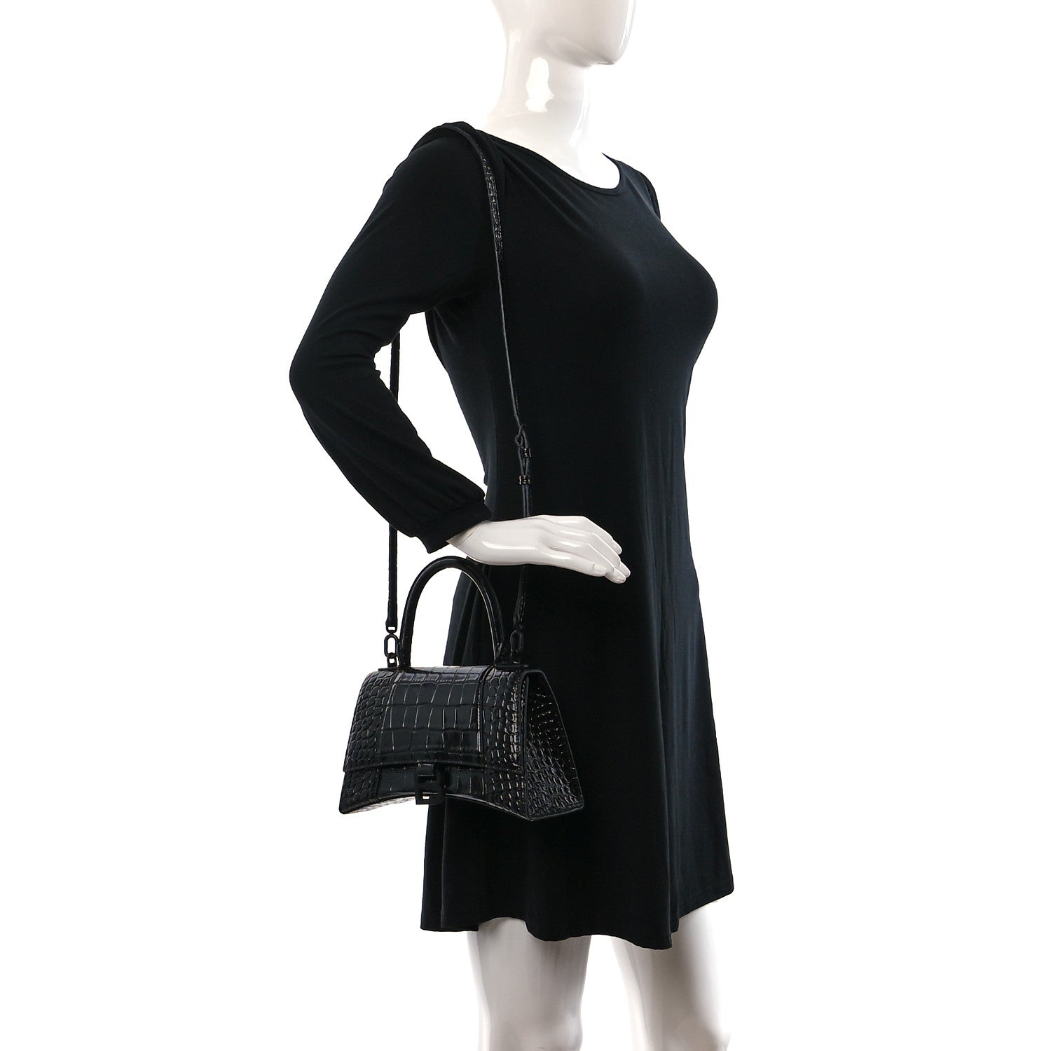 Balenciaga Shiny Calfskin Monochrome Crocodile Embossed Small Hourglass Top Handle Bag Black 2 of 11