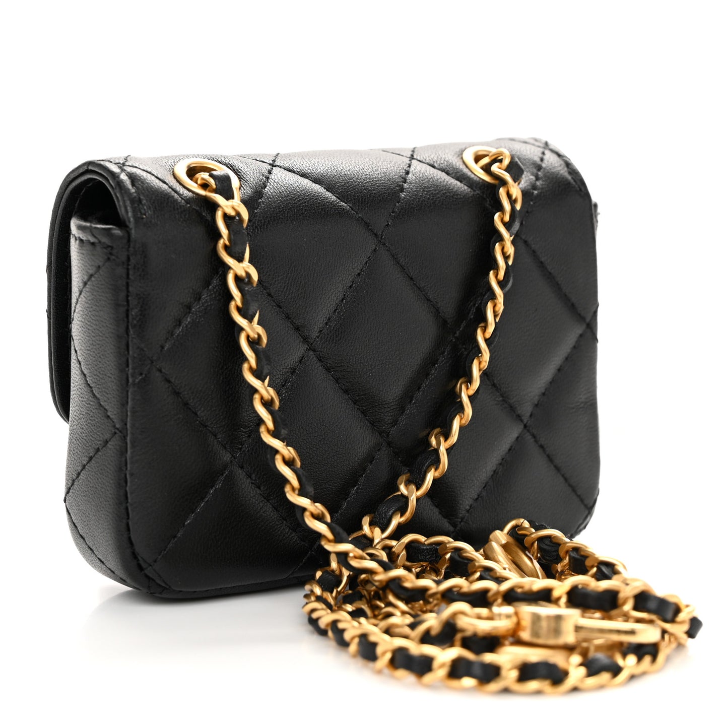 Lambskin Coco Enamel Quilted Mini Chain Belt Bag Black