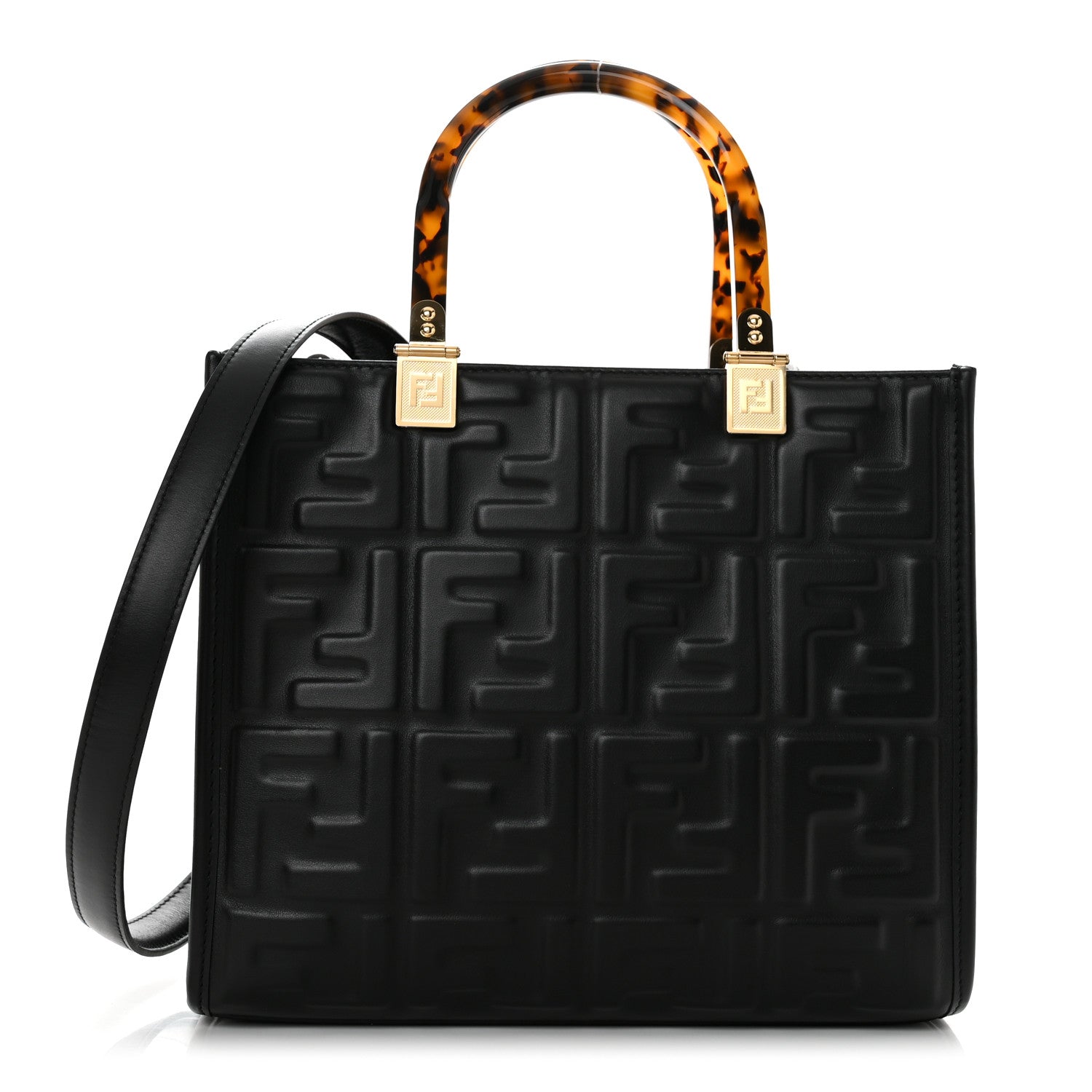 Fendi Vitello Plexiglass FF Embossed Small Fendi Sunshine Shopper Tote Black 1 of 10