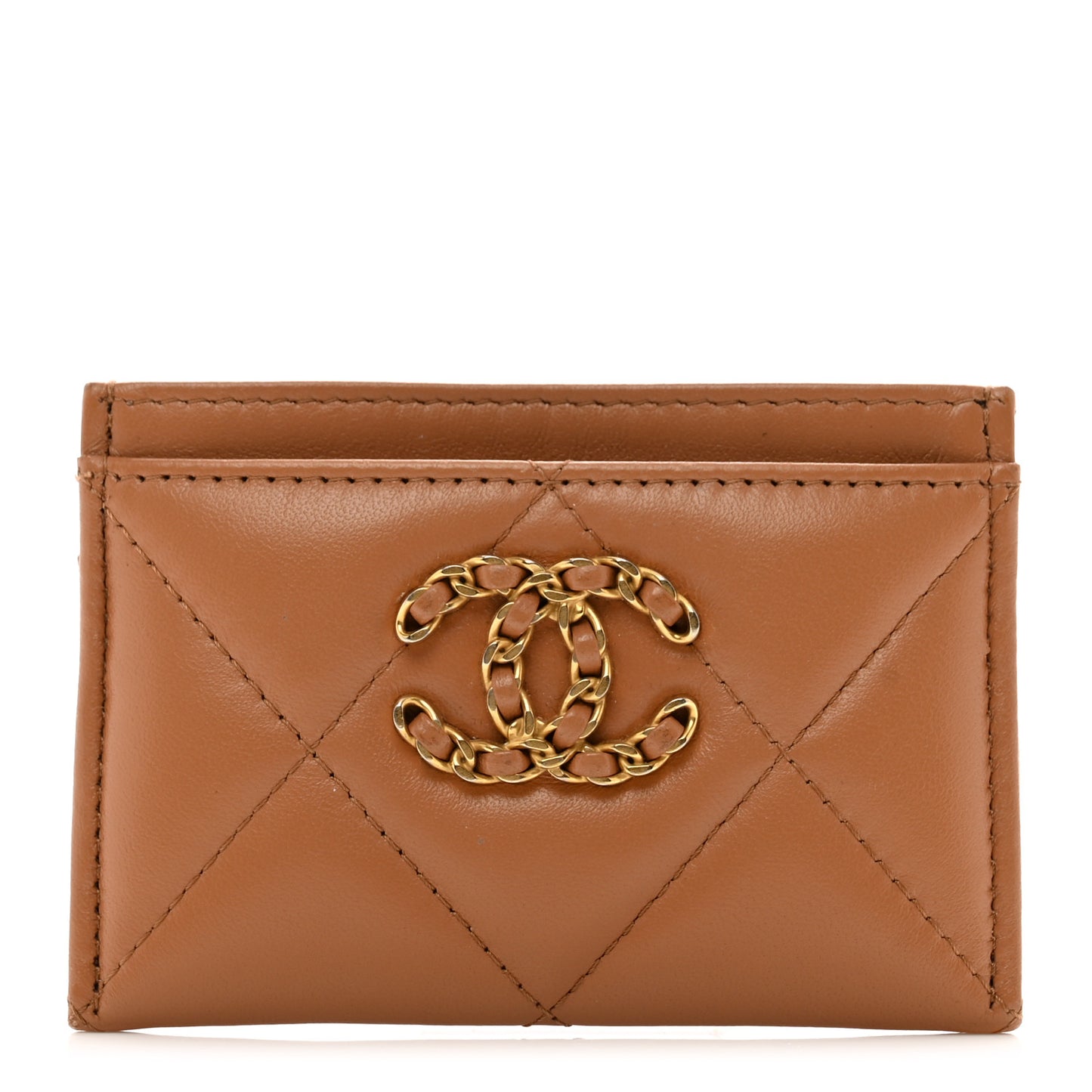 Lambskin Quilted Chanel 19 Card Holder Brown