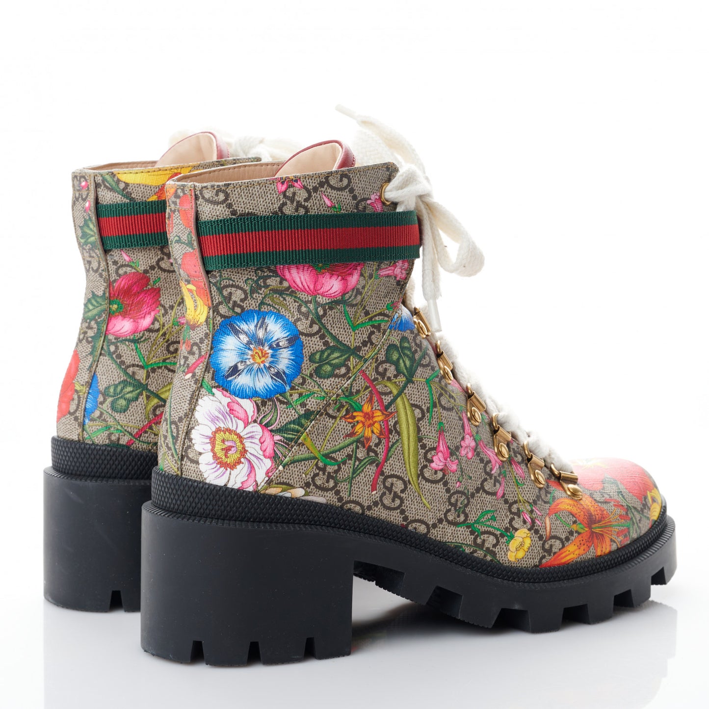 GG Supreme Monogram Flora Lace Up Combat Ankle Boots 37.5 Beige Multicolor Red