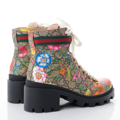 Gucci GG Supreme Monogram Flora Lace Up Combat Ankle Boots 37.5 Beige Multicolor Red 4 of 8