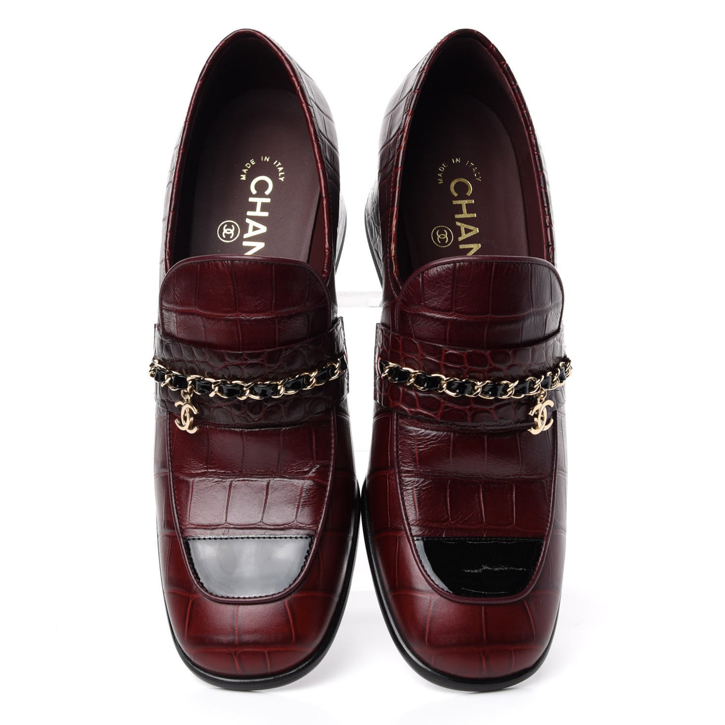 Crocodile Embossed Calfskin CC Chain Mocassin Loafers 39 Burgundy Black
