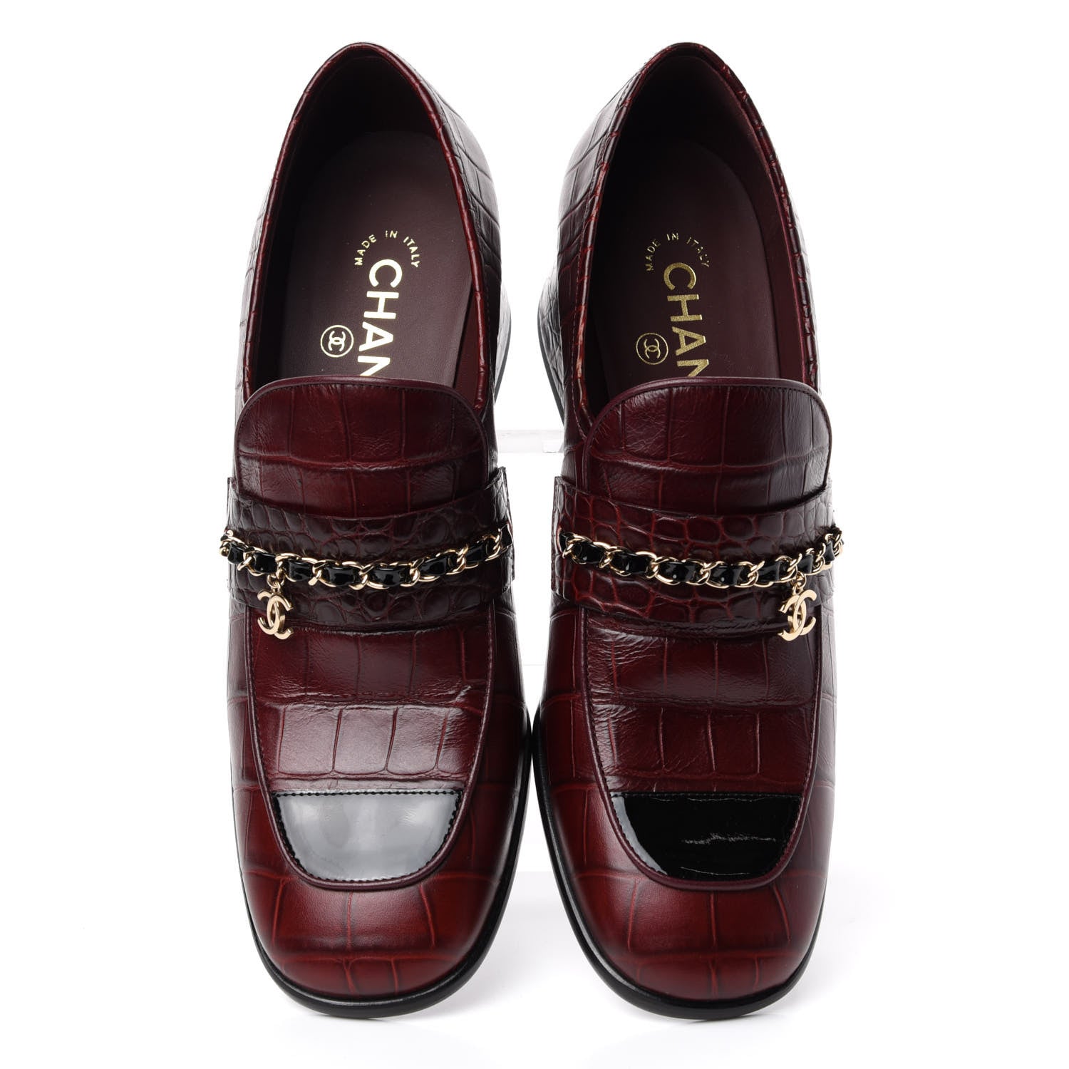Chanel Crocodile Embossed Calfskin CC Chain Mocassin Loafers 39 Burgundy Black 5 of 11