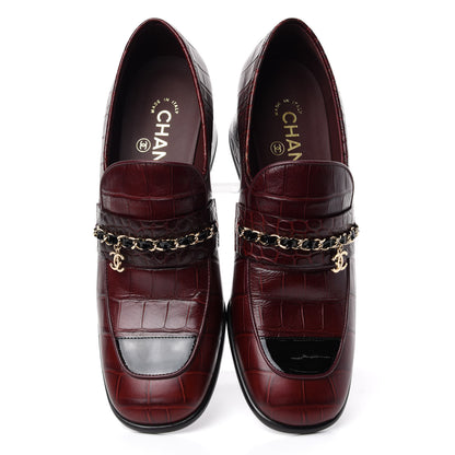 Chanel Crocodile Embossed Calfskin CC Chain Mocassin Loafers 39 Burgundy Black 5 of 11