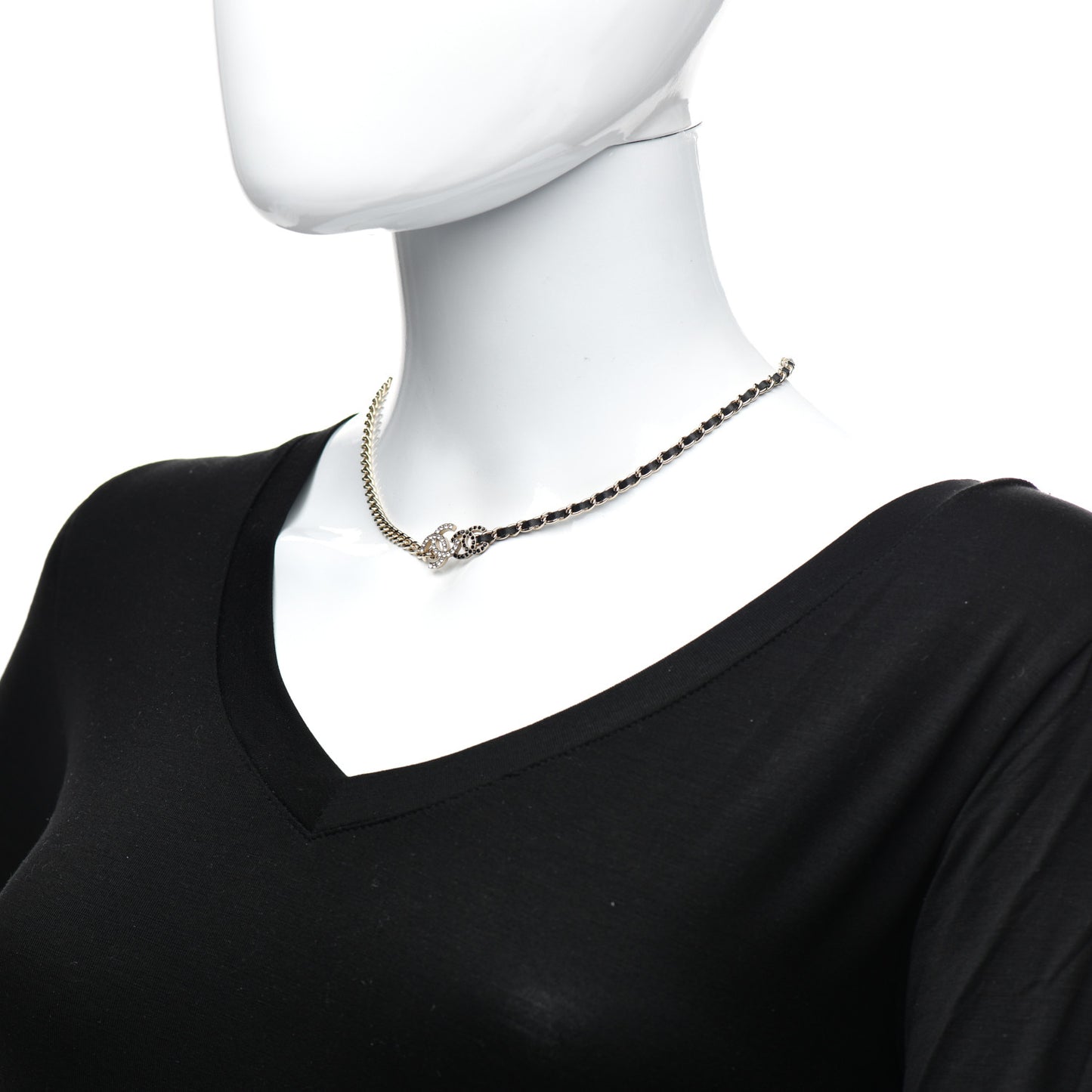 Metal Calfskin Crystal Double CC Short Necklace Black Gold