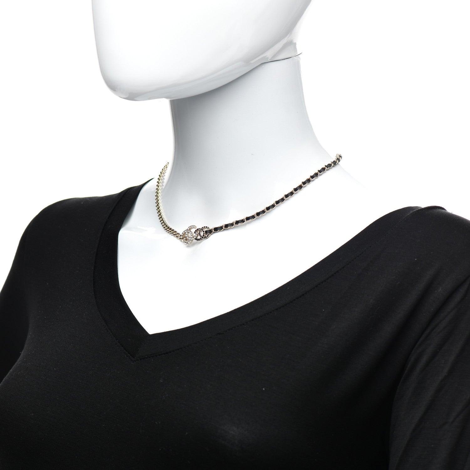 Chanel Metal Calfskin Crystal Double CC Short Necklace Black Gold 2 of 4