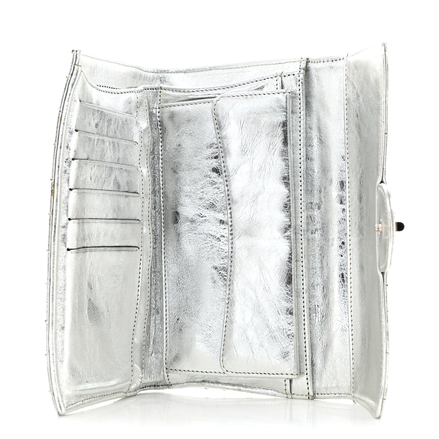 Metallic Aged Calfskin Quilted Reissue Long Flap Wallet Light Silver