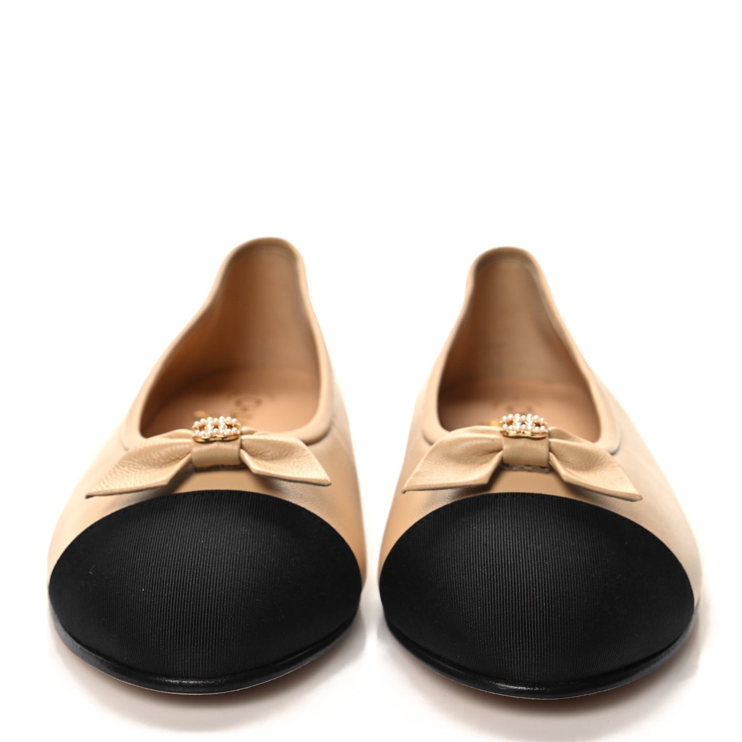 Lambskin Grosgrain Cap Toe Pearl CC Ballerina Flats 40 Beige Black