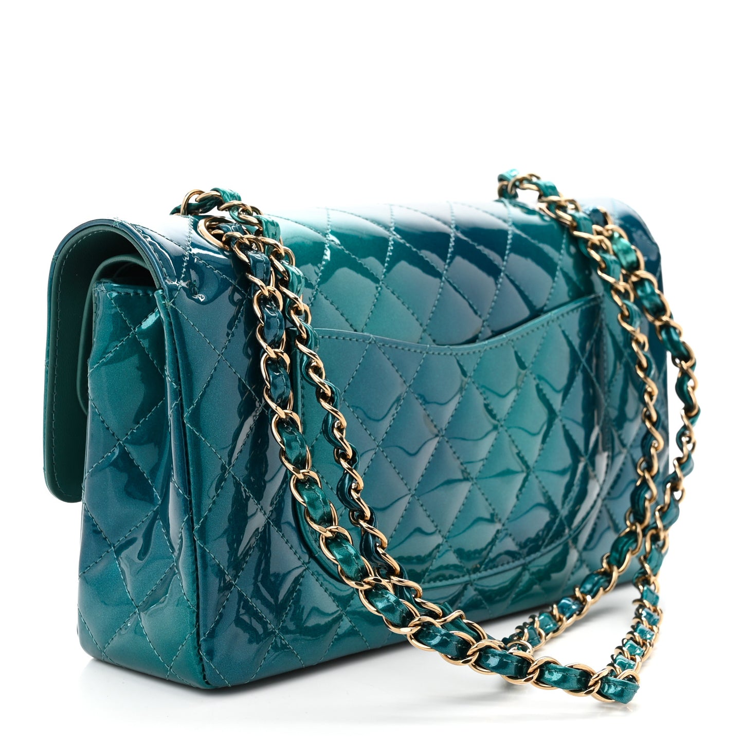 Shaded Patent Calfskin Quilted Medium Double Flap Green Blue