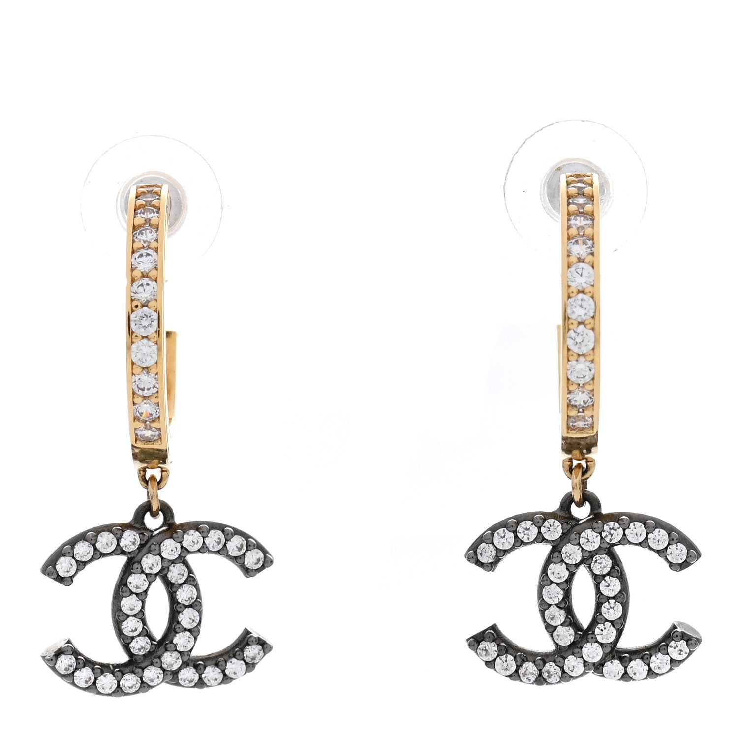 Chanel Crystal Lock Symbols CC Hoop Drop Earrings Gold Ruthenium 1 of 4