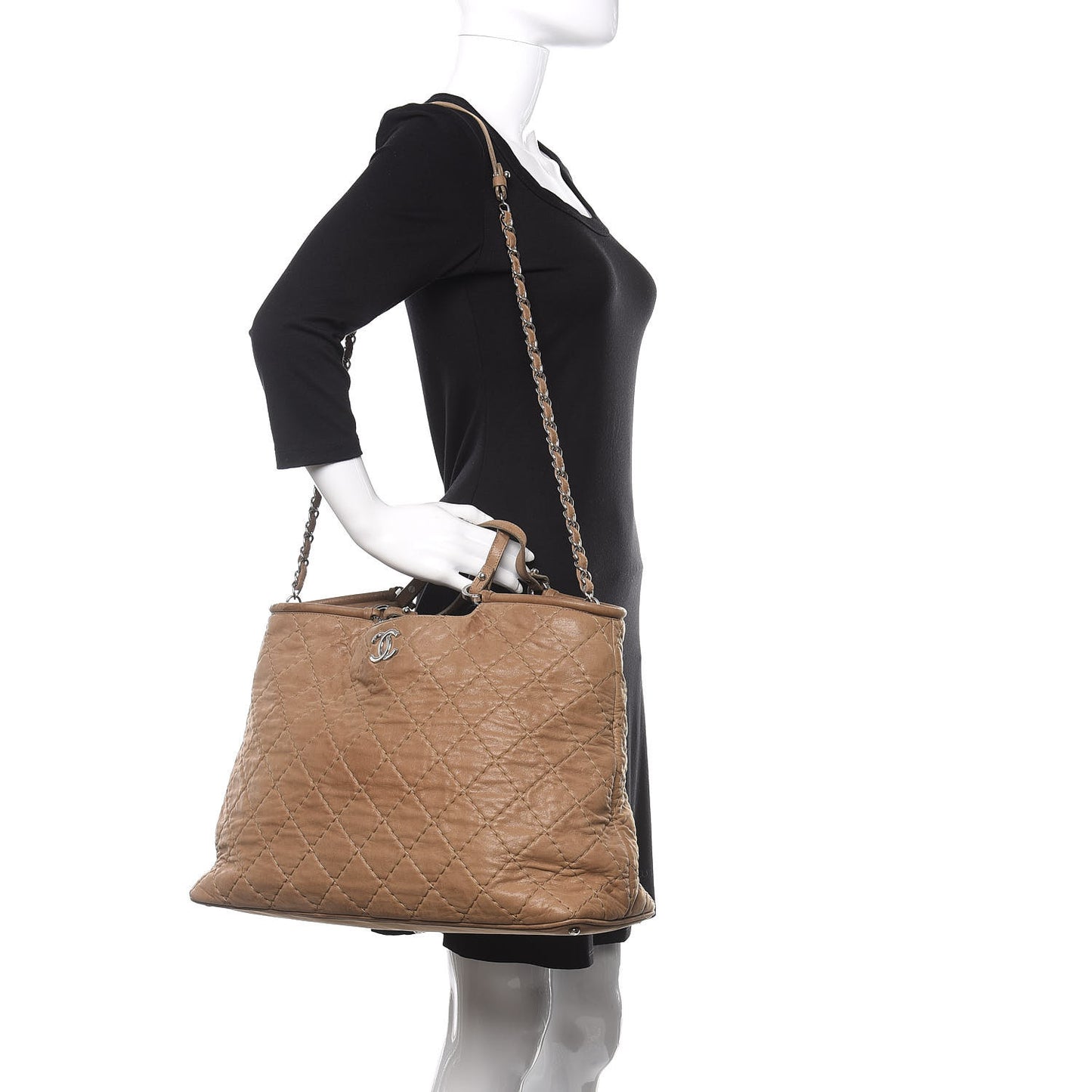 Iridescent Calfskin Quilted Large Sea Hit Tote Beige