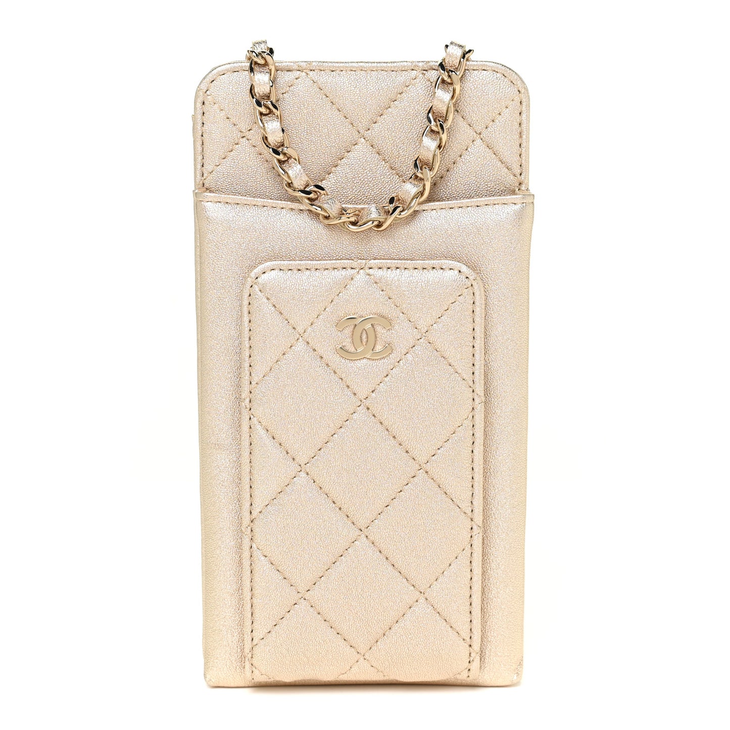 Metallic Lambskin Quilted Zip Phone Case Gold