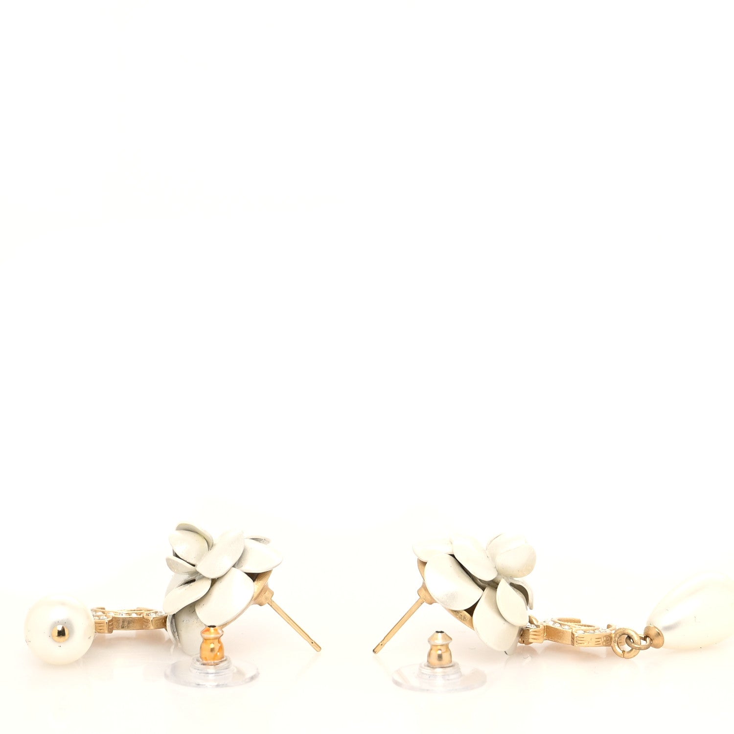 Chanel Metal Crystal Pearl 90s Camellia CC Drop Earrings Gold 3 of 4