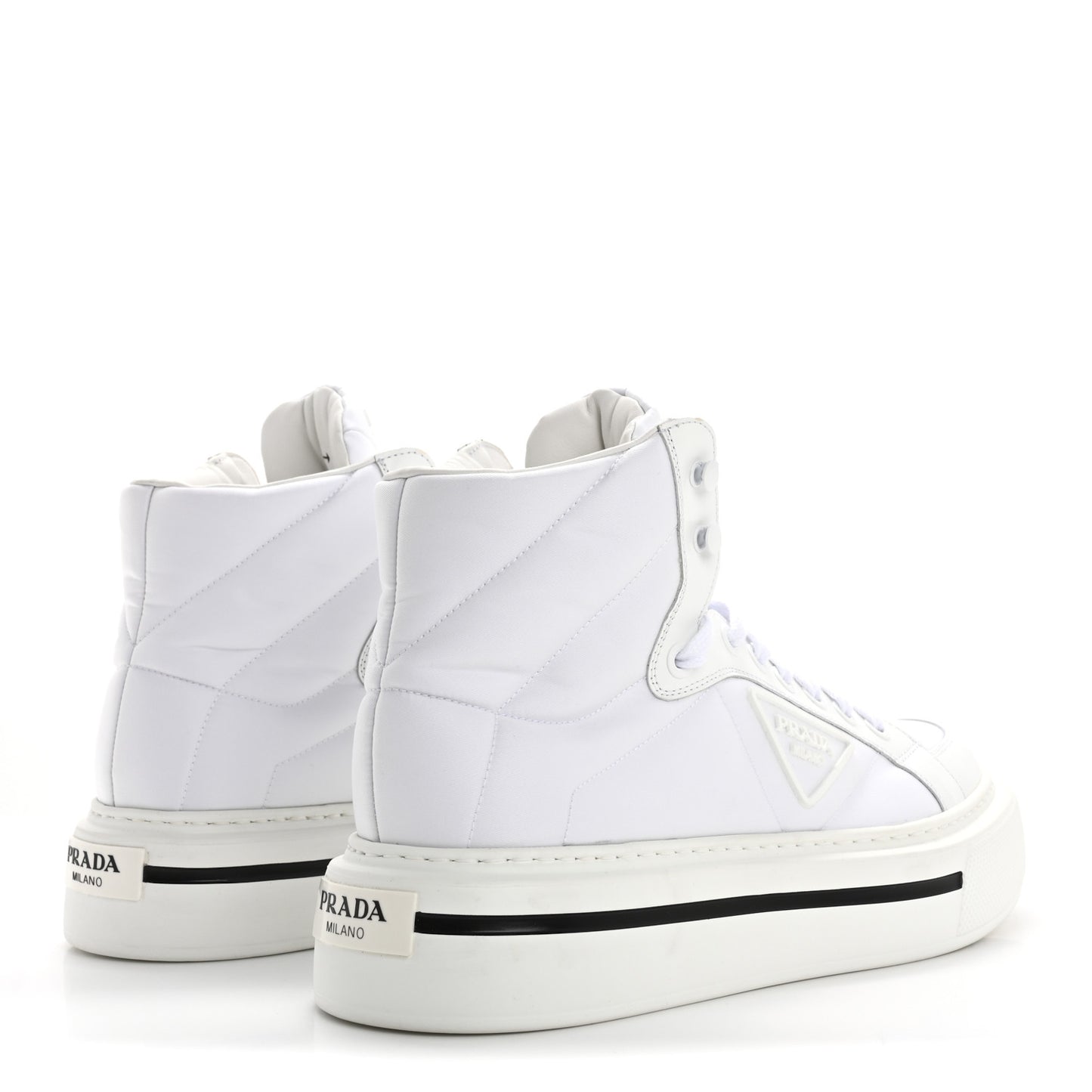 Re-Nylon Gabardine Spazzolato Macro Quilted Triangle Logo Mens High Top 45mm Sneakers 8.5 White