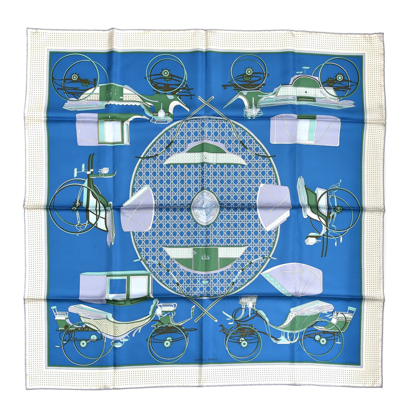 Silk Les Voitures A Transformation Scarf 90 Bleu Cobalt Ivorie Vert