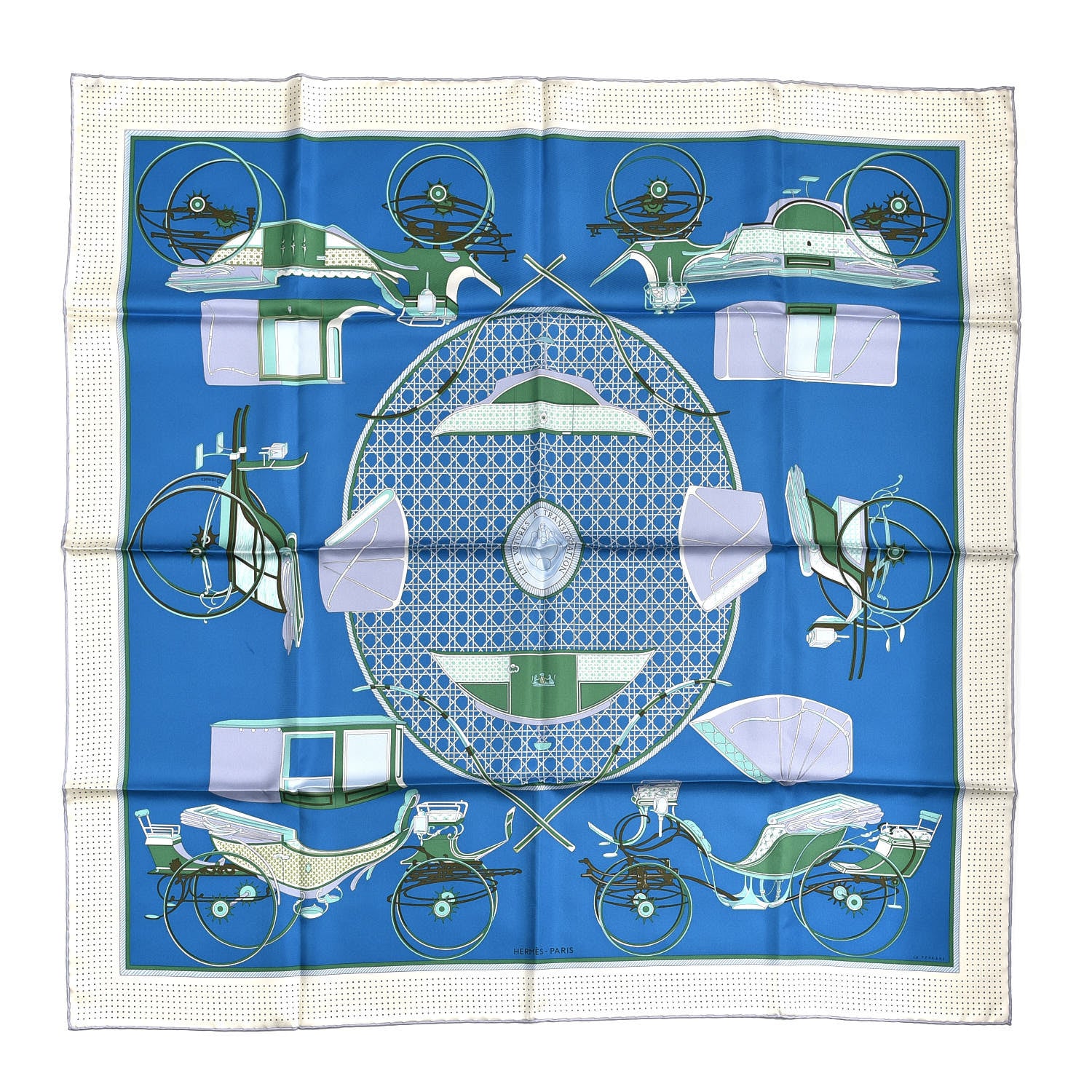 Hermes Silk Les Voitures A Transformation Scarf 90 Bleu Cobalt Ivorie Vert 1 of 7