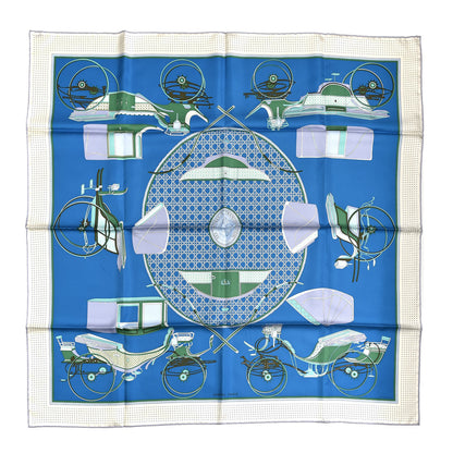 Hermes Silk Les Voitures A Transformation Scarf 90 Bleu Cobalt Ivorie Vert 1 of 7