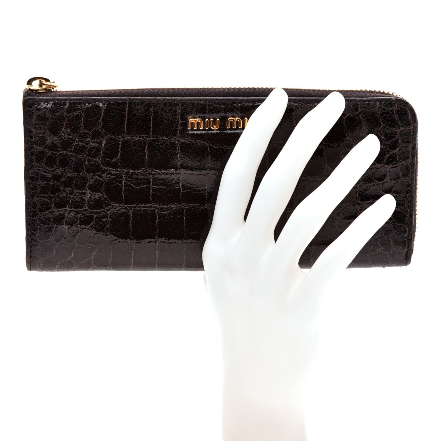 Miu Miu Calfskin Crocodile Embossed Calfskin Zip Around Wallet Dark Brown 2 of 6