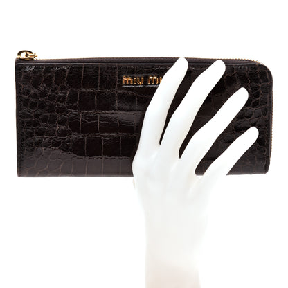 Miu Miu Calfskin Crocodile Embossed Calfskin Zip Around Wallet Dark Brown 2 of 6