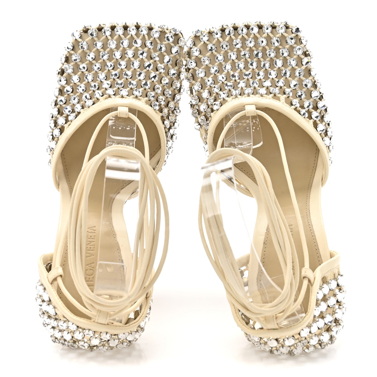 Mesh Nappa Crystal Embellished Sparkle Stretch Ankle Tie 90mm Sandals 36 White